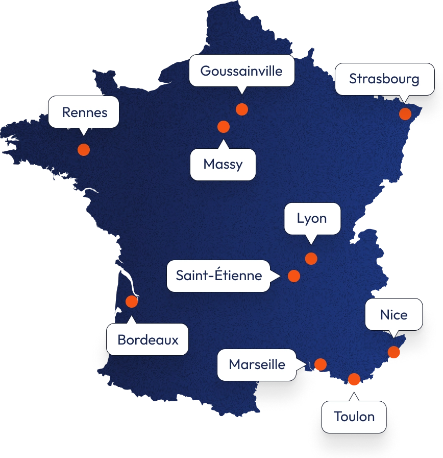 Carte bleue de la France avec les emplacements des centres de VGP formations