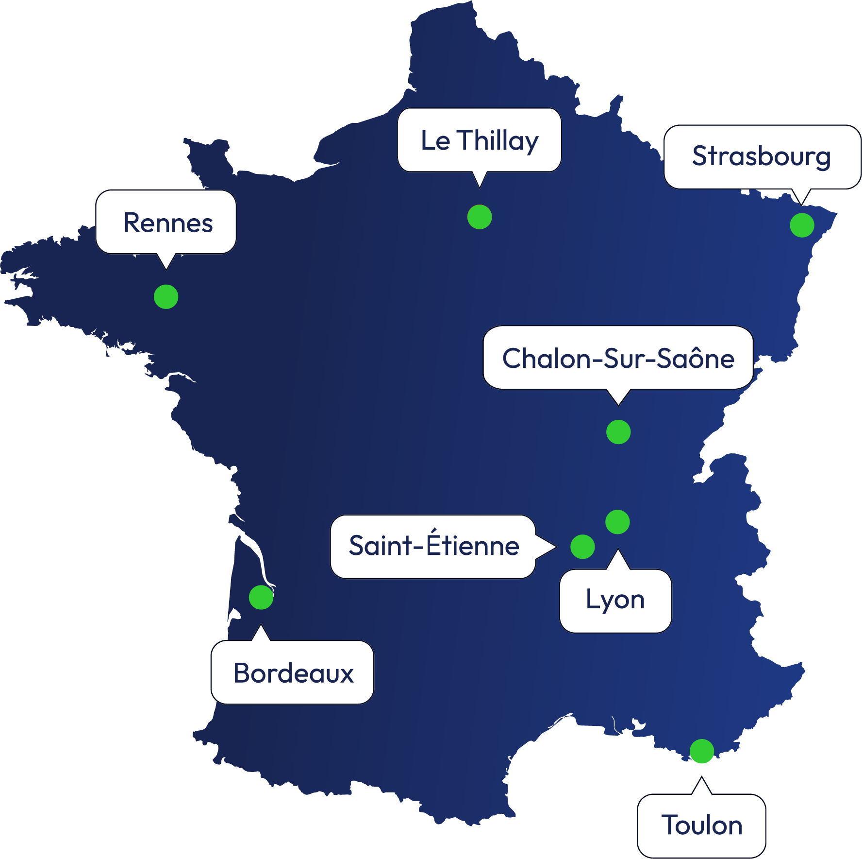 Carte bleue de la France avec les emplacements des centres de VGP formations en 2026