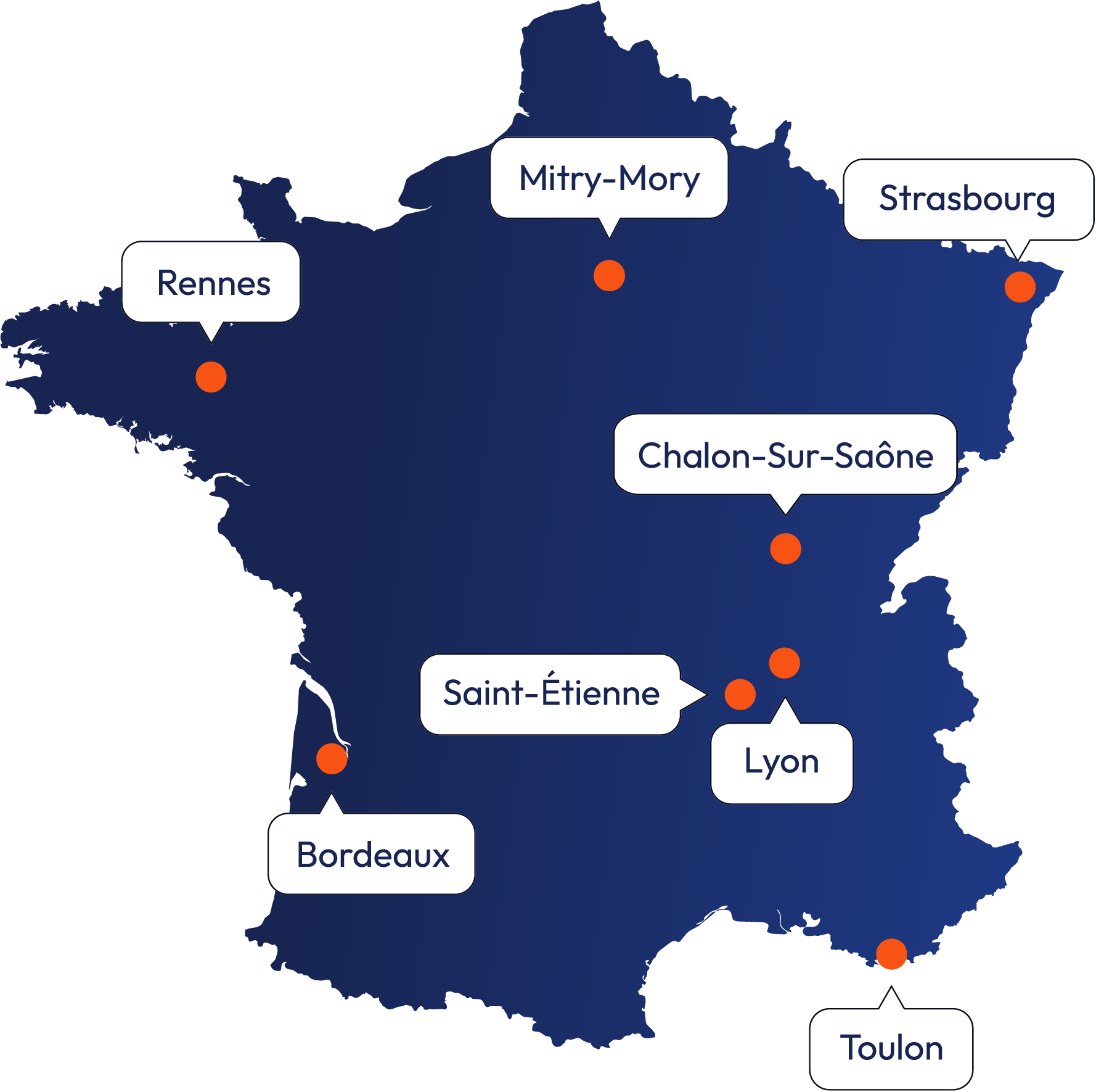 Carte bleue de la France avec les emplacements des centres de VGP formations en 2026