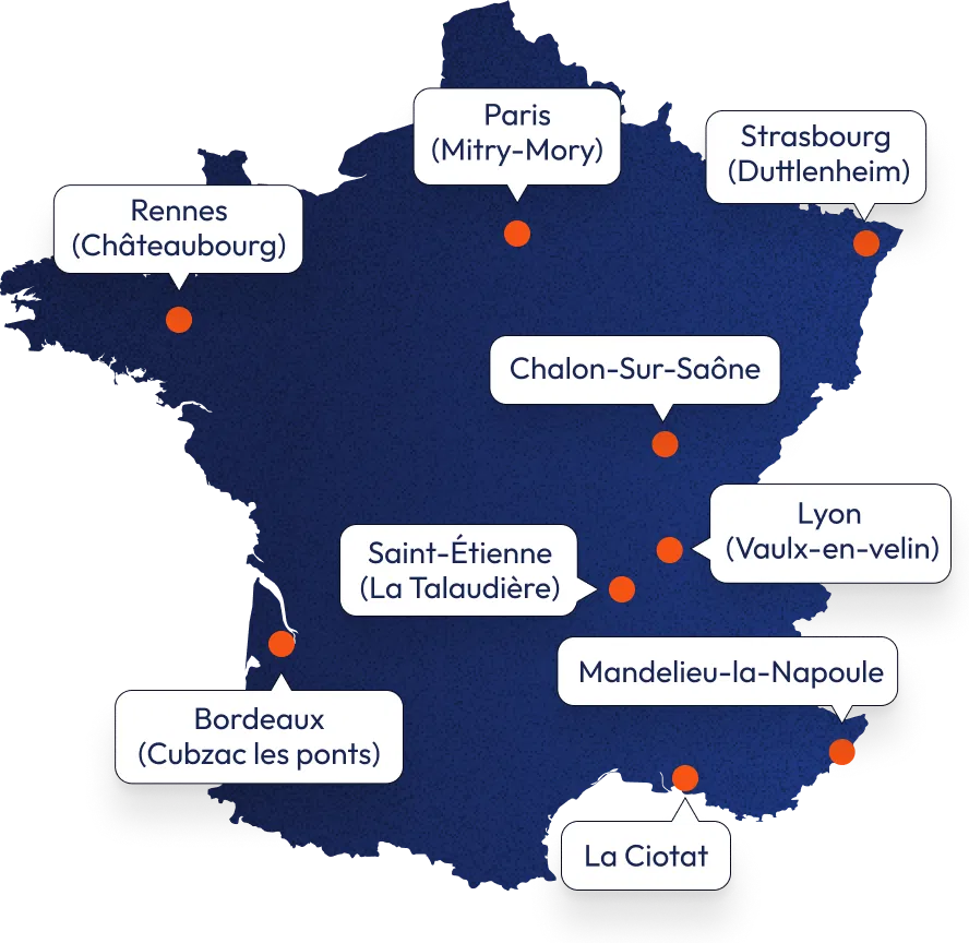 Carte bleue de la France avec les emplacements des centres de VGP formations en 2026